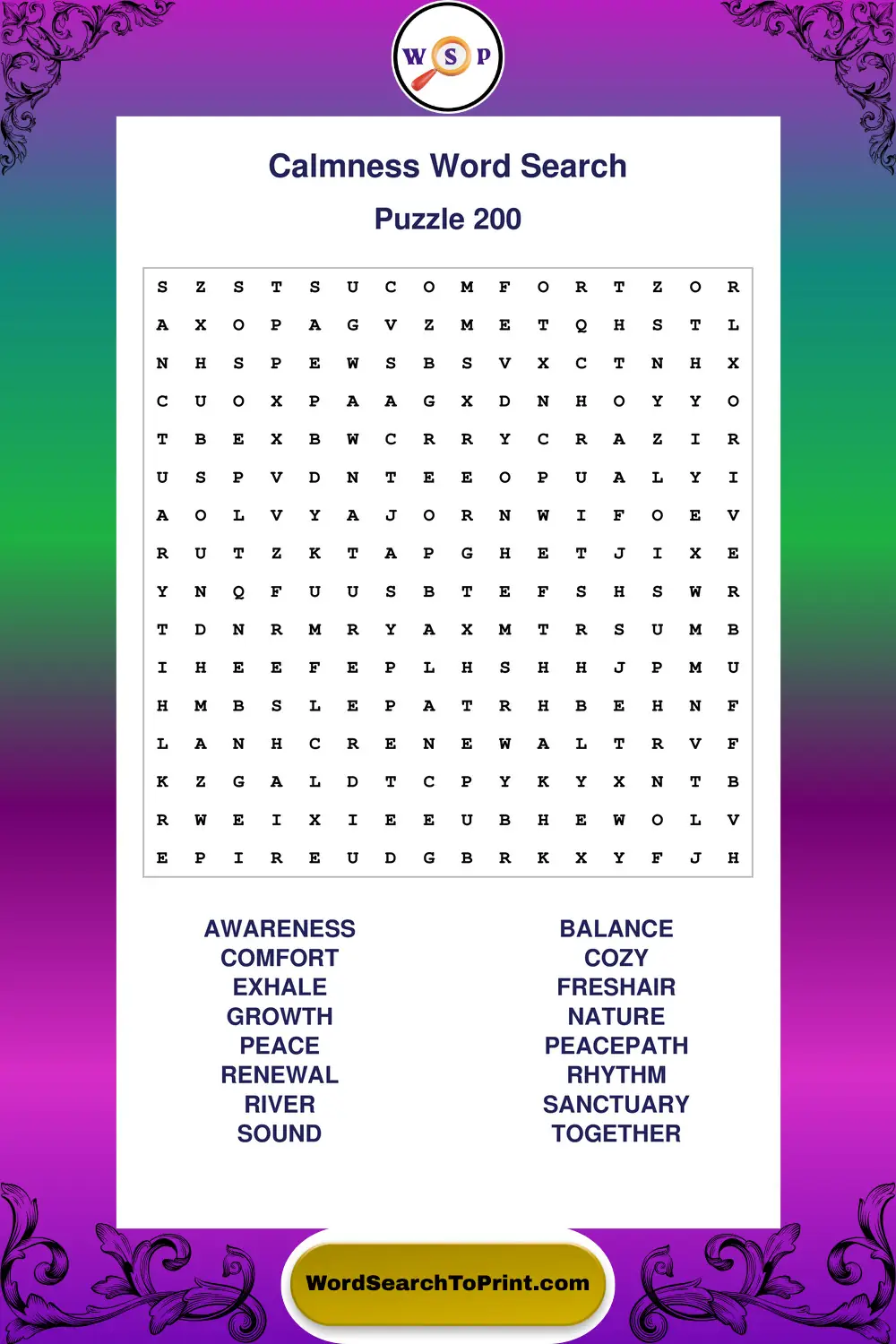 Calmness Word Search Puzzle 200