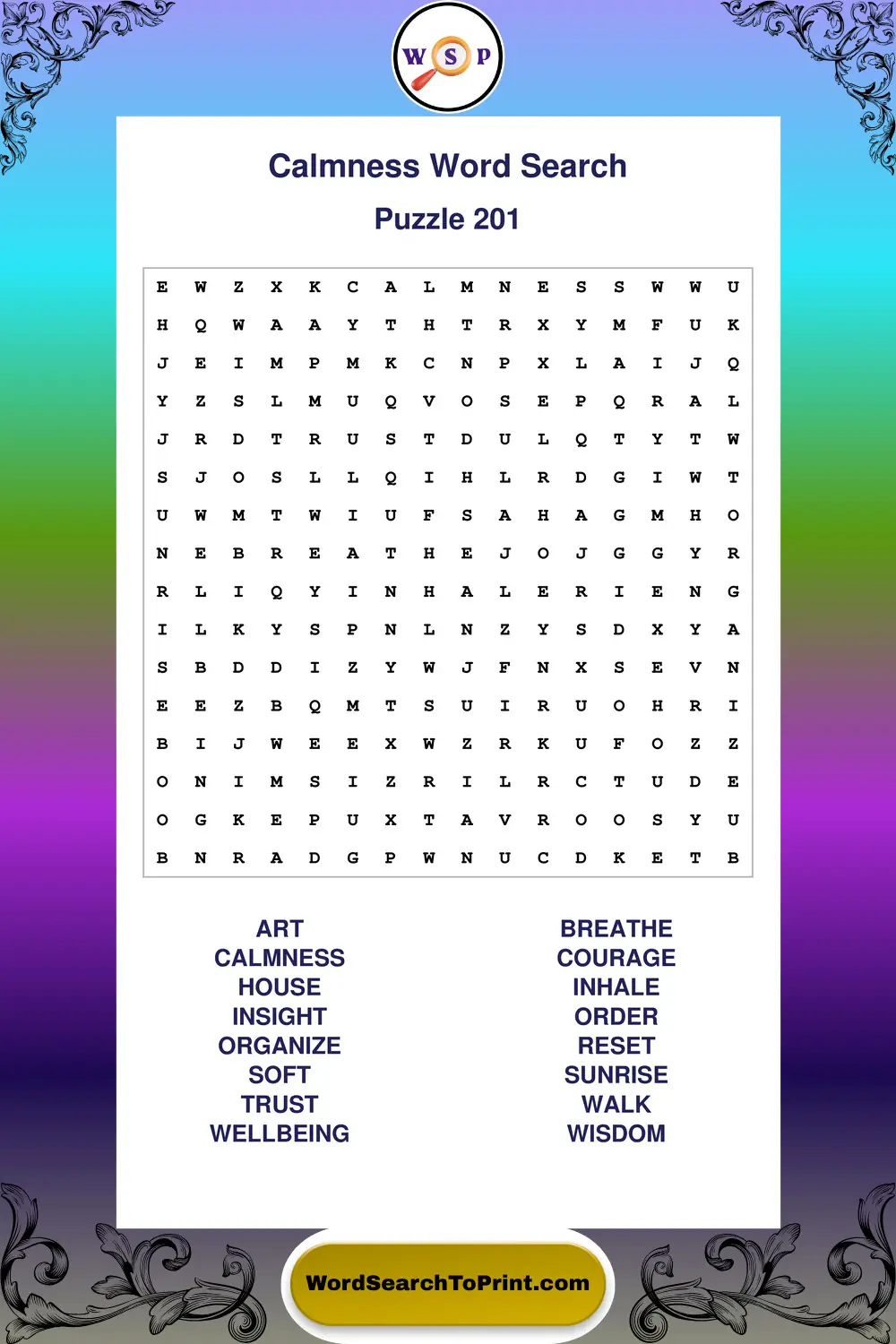 Calmness Word Search Puzzle 201