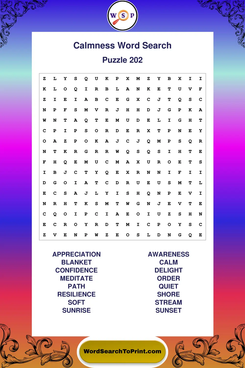 Calmness Word Search Puzzle 202