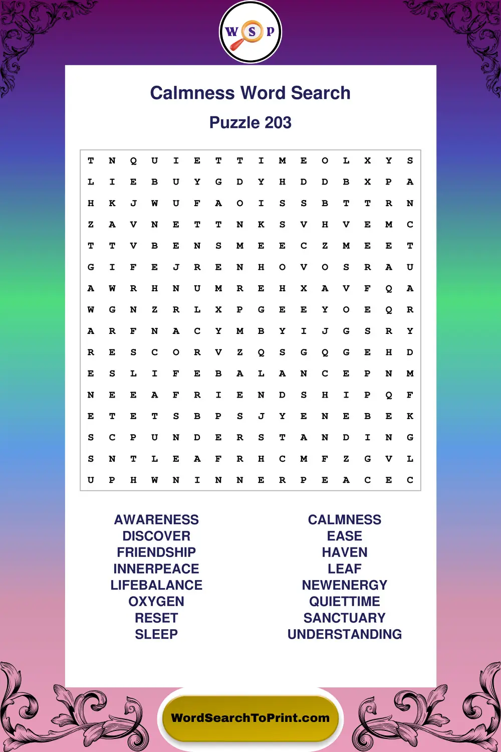 Calmness Word Search Puzzle 203
