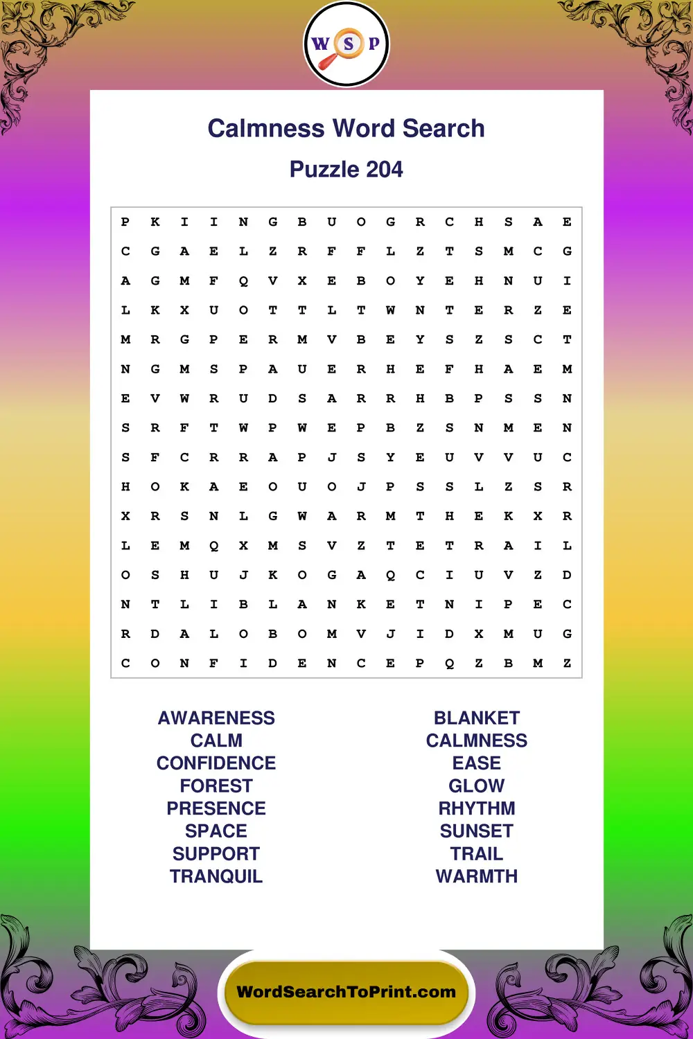 Calmness Word Search Puzzle 204