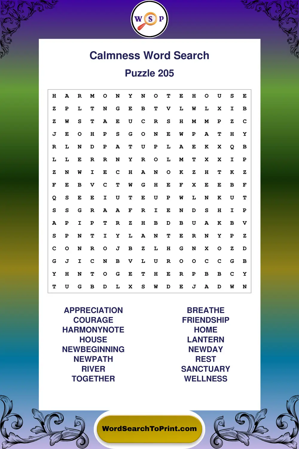 Calmness Word Search Puzzle 205