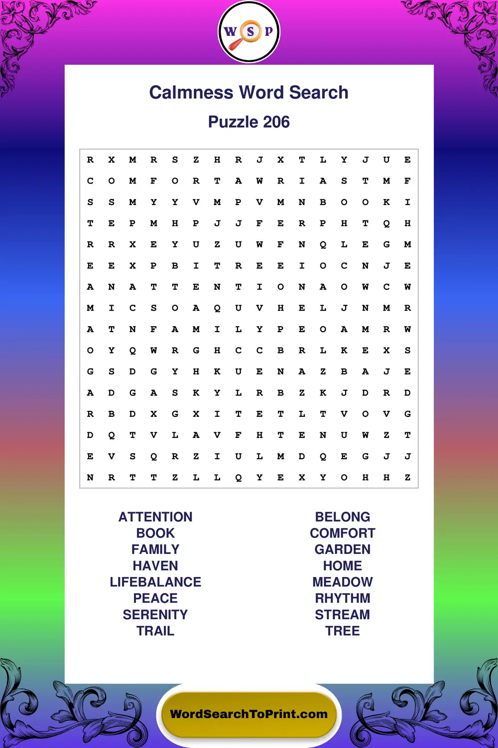 Calmness Word Search Puzzle 206