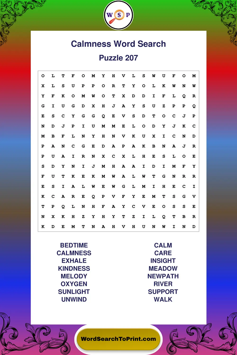 Calmness Word Search Puzzle 207