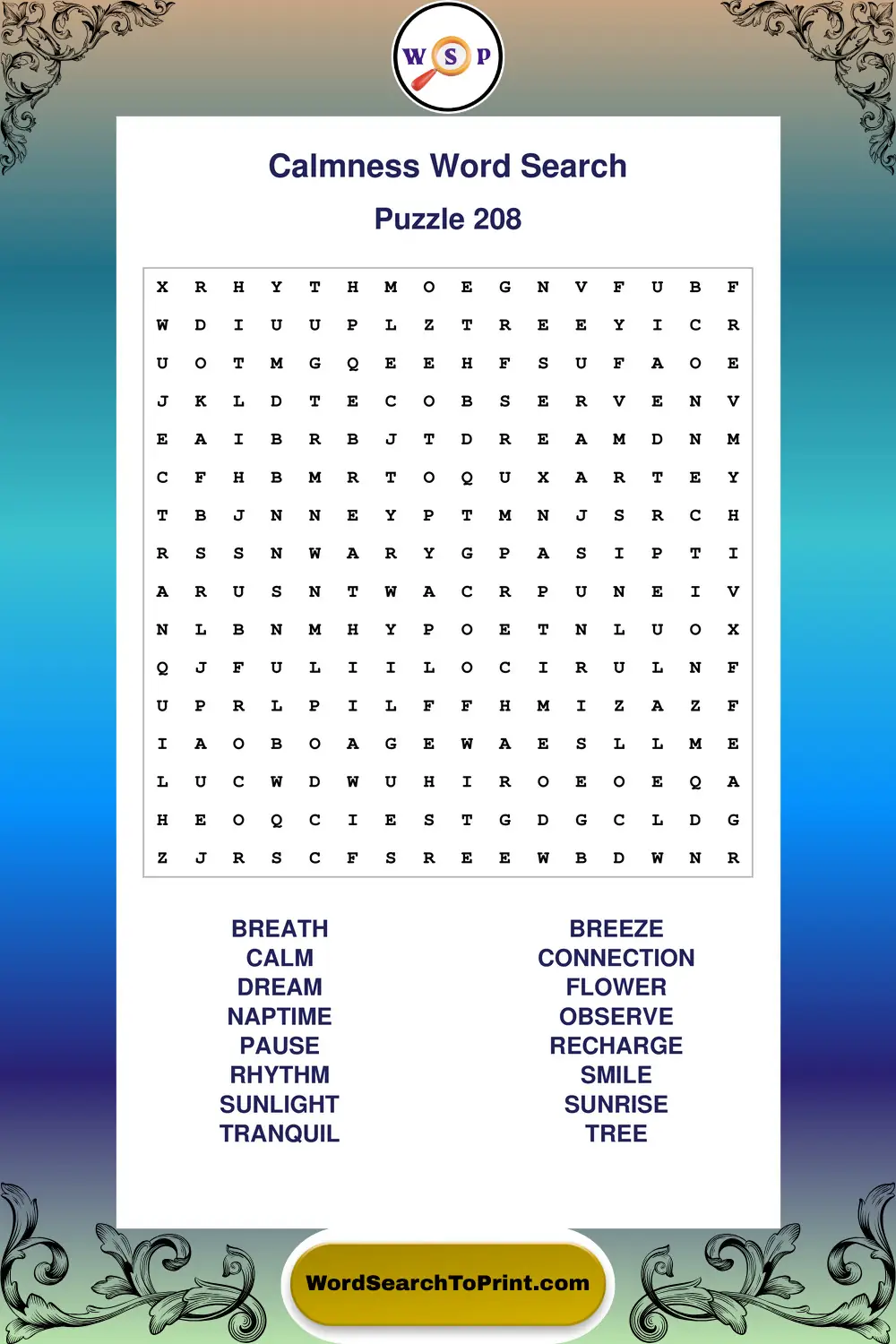 Calmness Word Search Puzzle 208