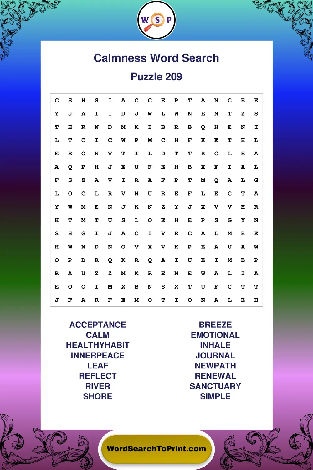 Calmness Word Search Puzzle 209