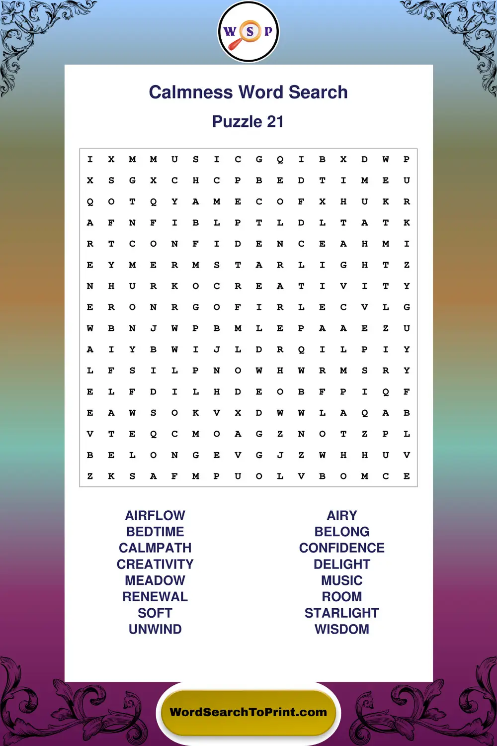Calmness Word Search Puzzle 21
