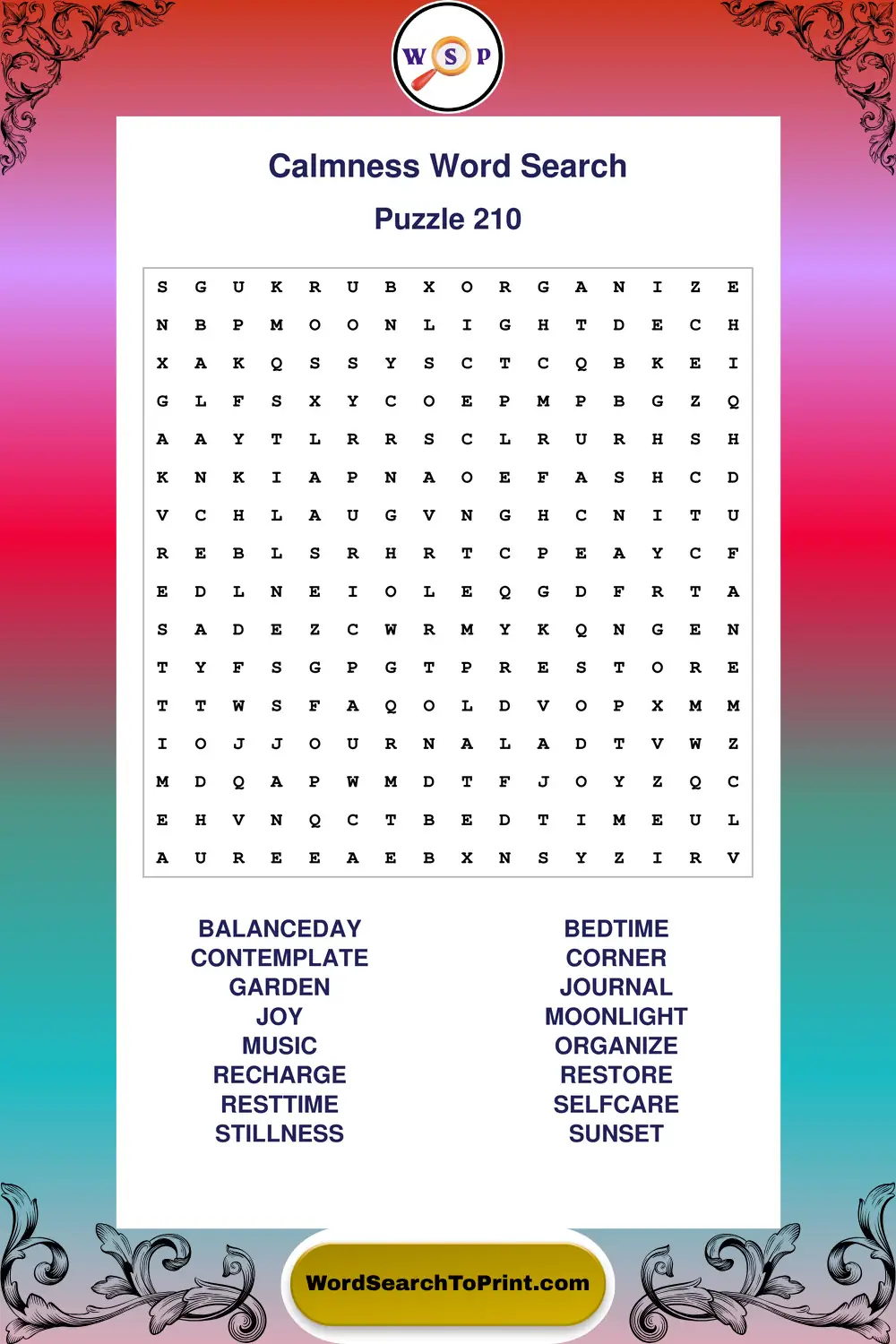 Calmness Word Search Puzzle 210