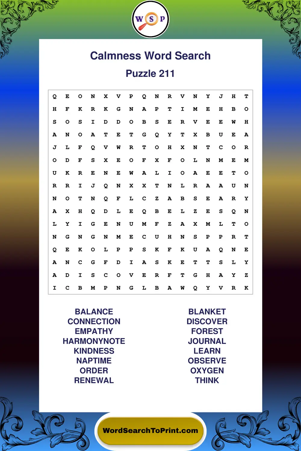 Calmness Word Search Puzzle 211