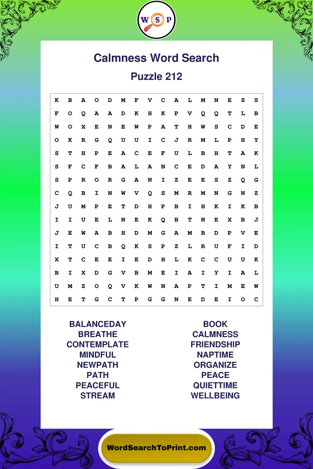 Calmness Word Search Puzzle 212