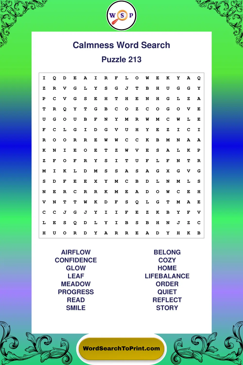 Calmness Word Search Puzzle 213