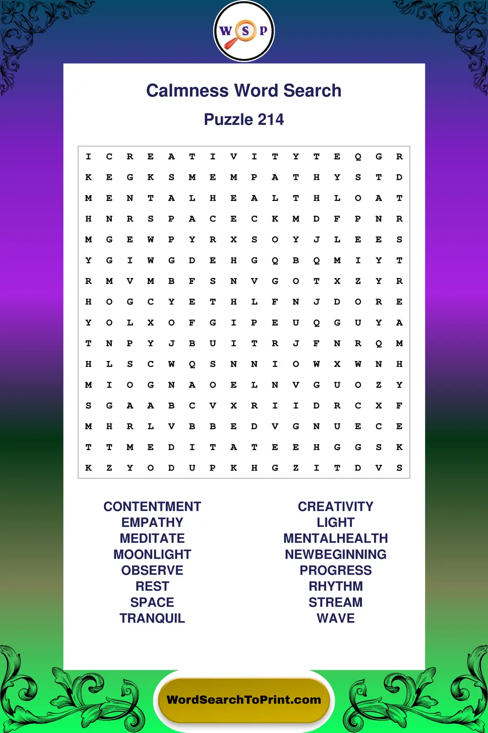 Calmness Word Search Puzzle 214