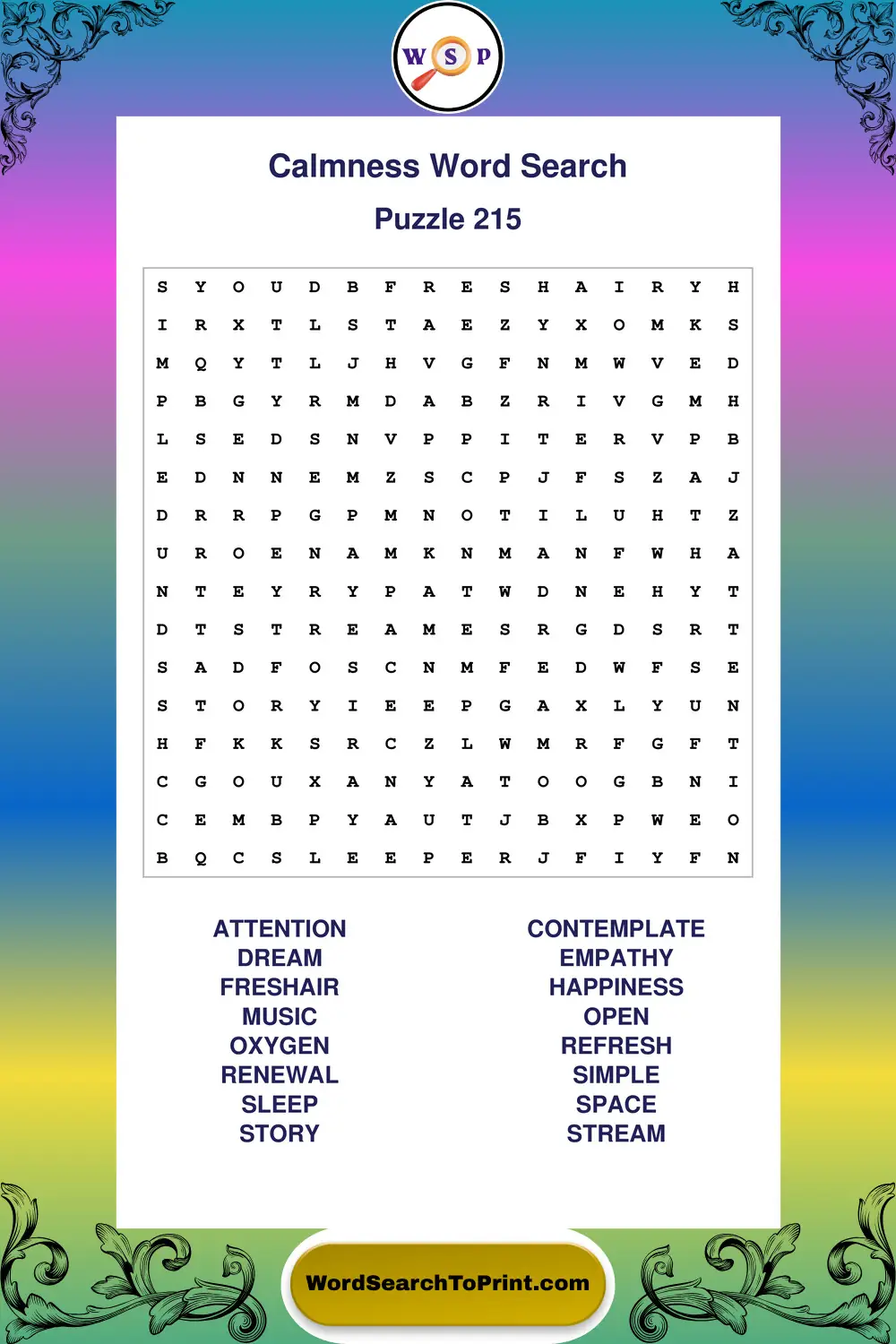 Calmness Word Search Puzzle 215
