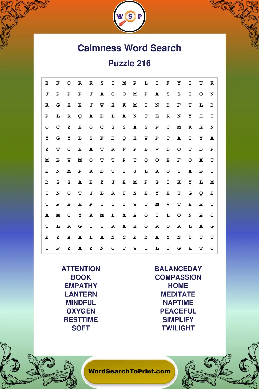 Calmness Word Search Puzzle 216