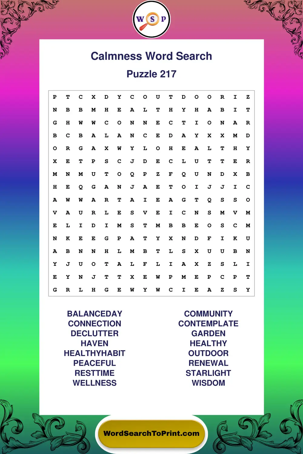 Calmness Word Search Puzzle 217