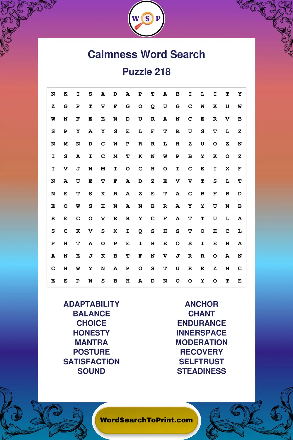 Calmness Word Search Puzzle 218