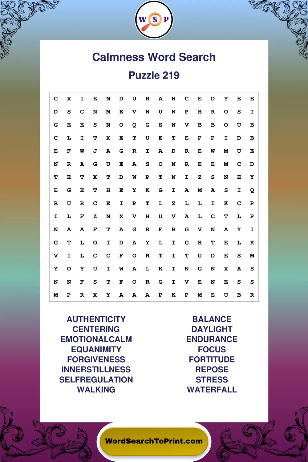 Calmness Word Search Puzzle 219