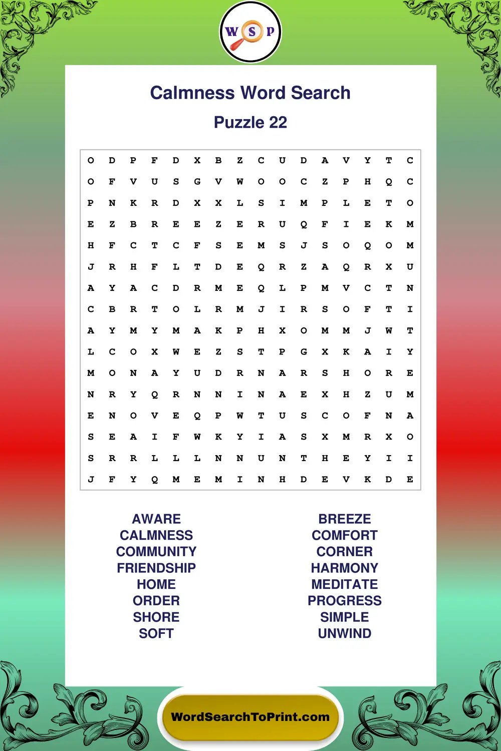 Calmness Word Search Puzzle 22