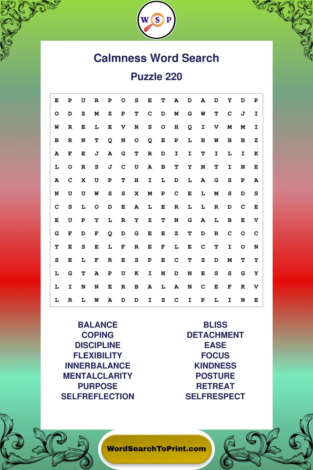 Calmness Word Search Puzzle 220