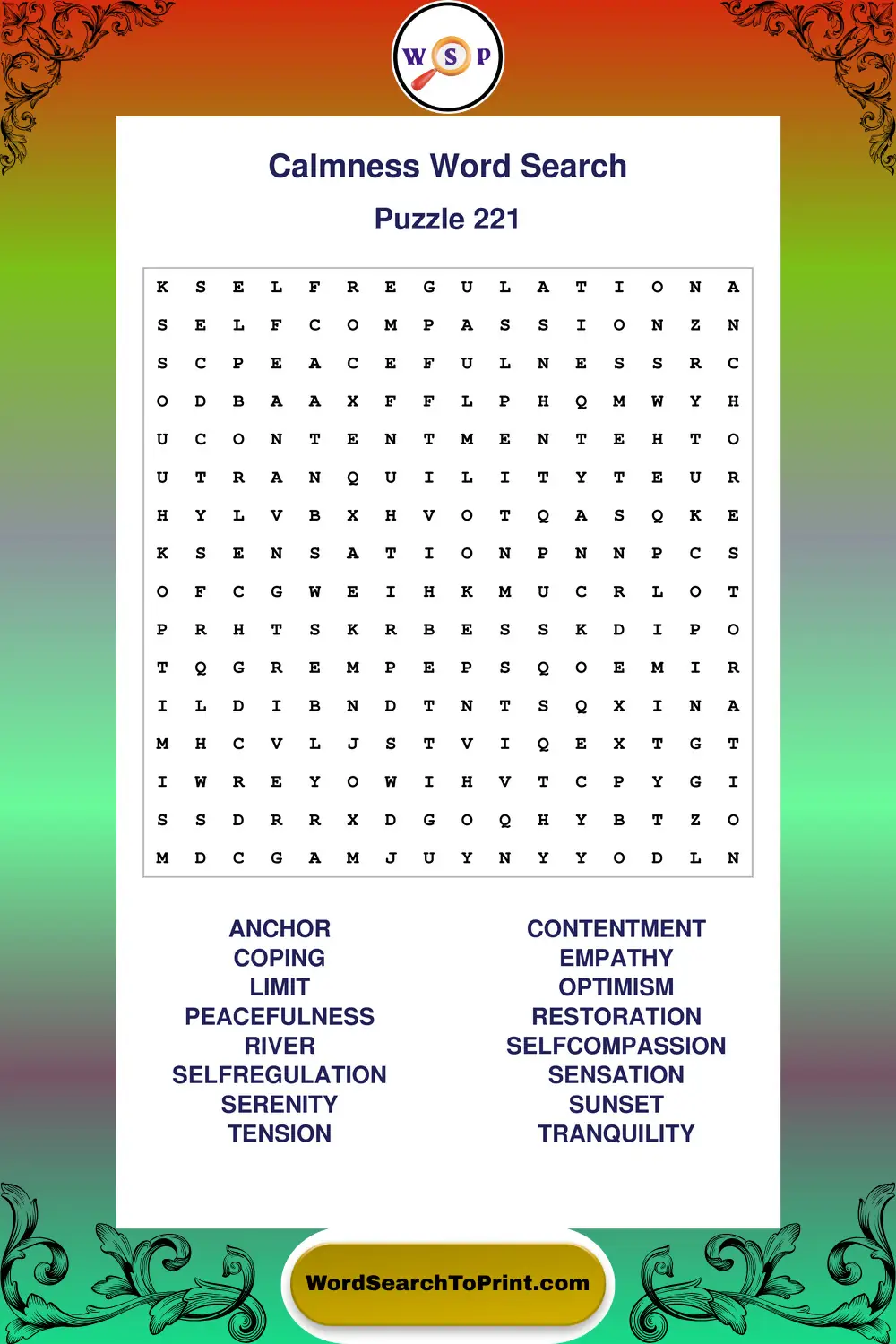 Calmness Word Search Puzzle 221