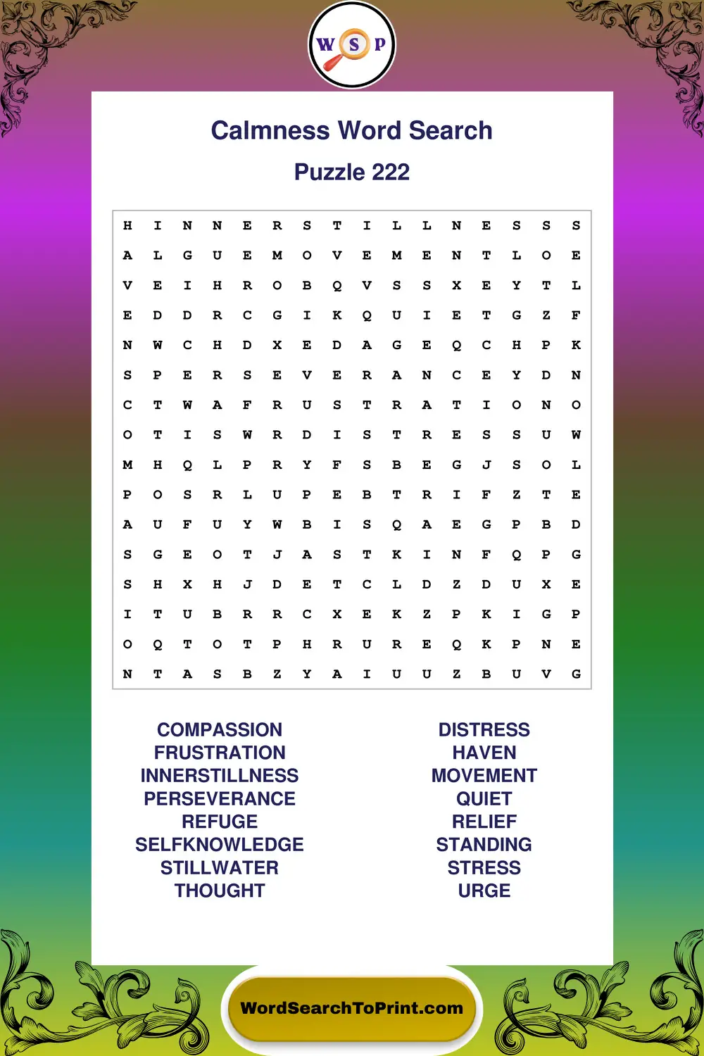 Calmness Word Search Puzzle 222
