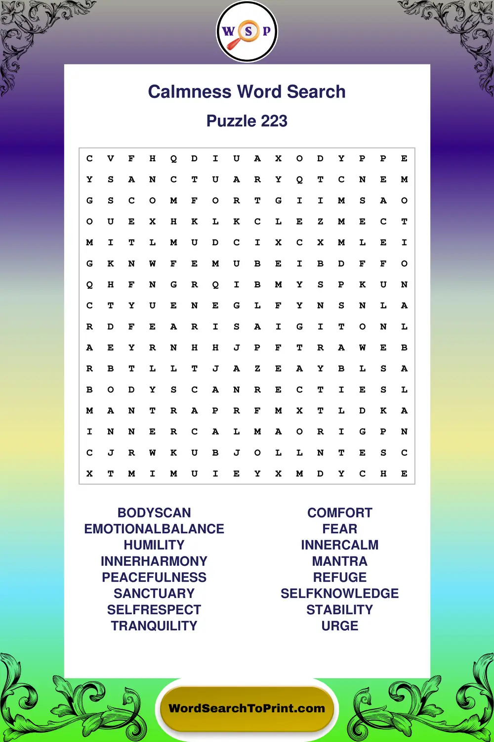Calmness Word Search Puzzle 223