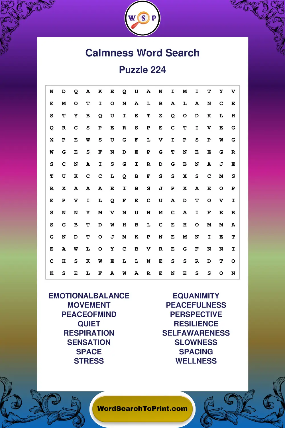 Calmness Word Search Puzzle 224