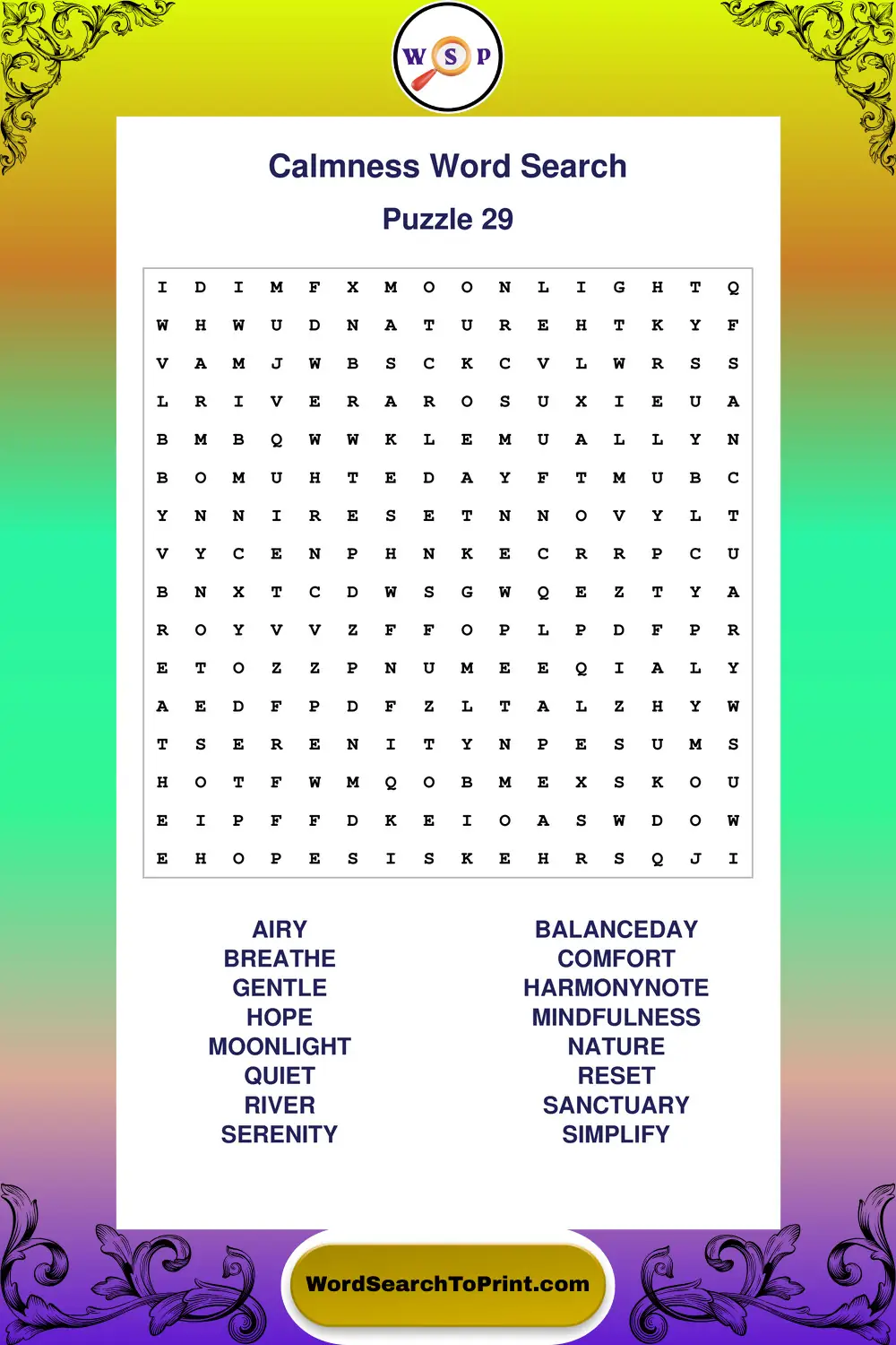 Calmness Word Search Puzzle 29