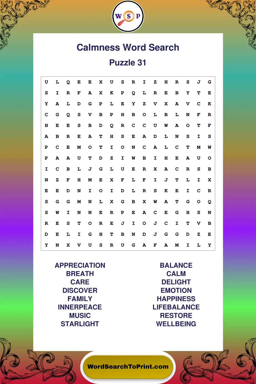 Calmness Word Search Puzzle 31