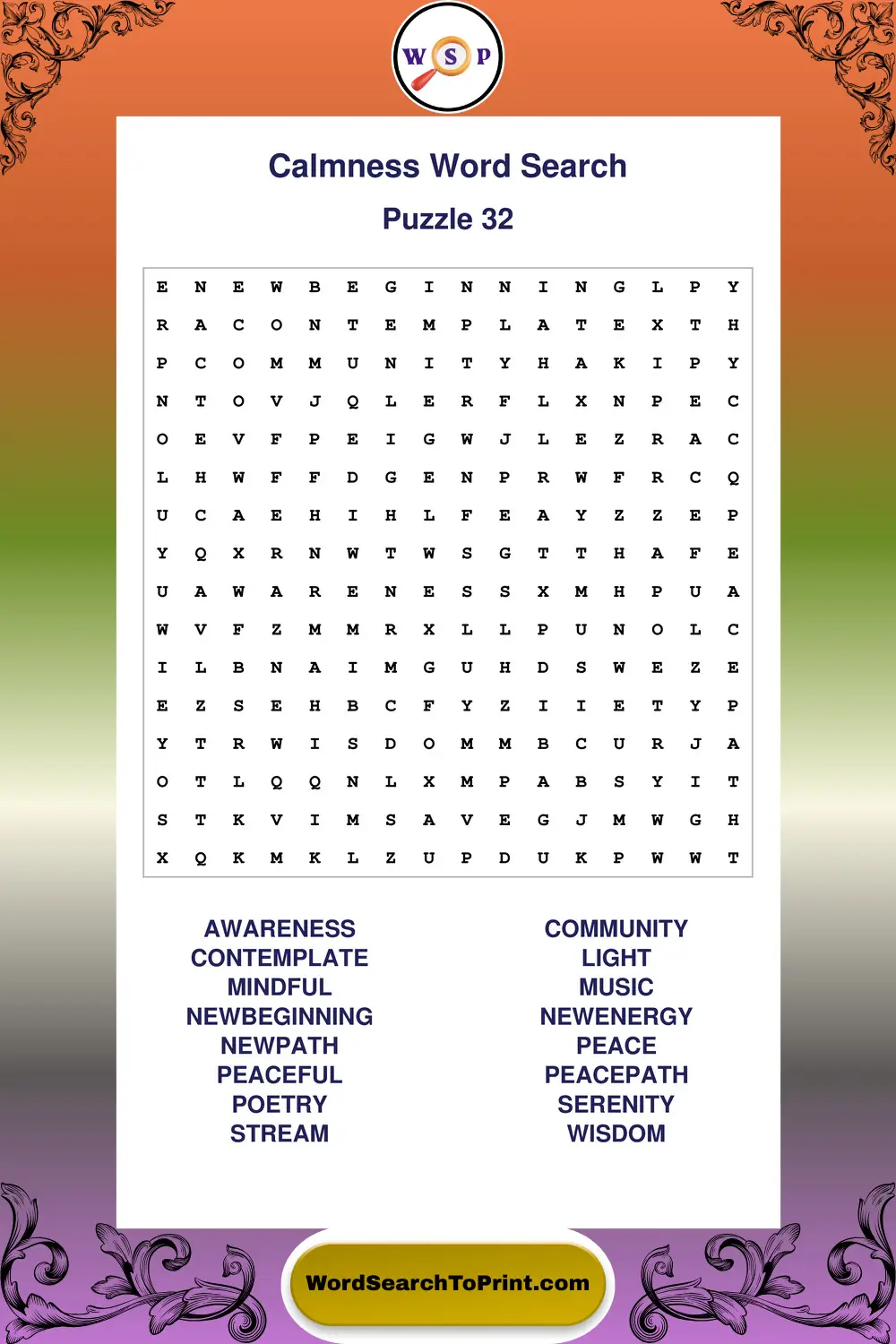 Calmness Word Search Puzzle 32
