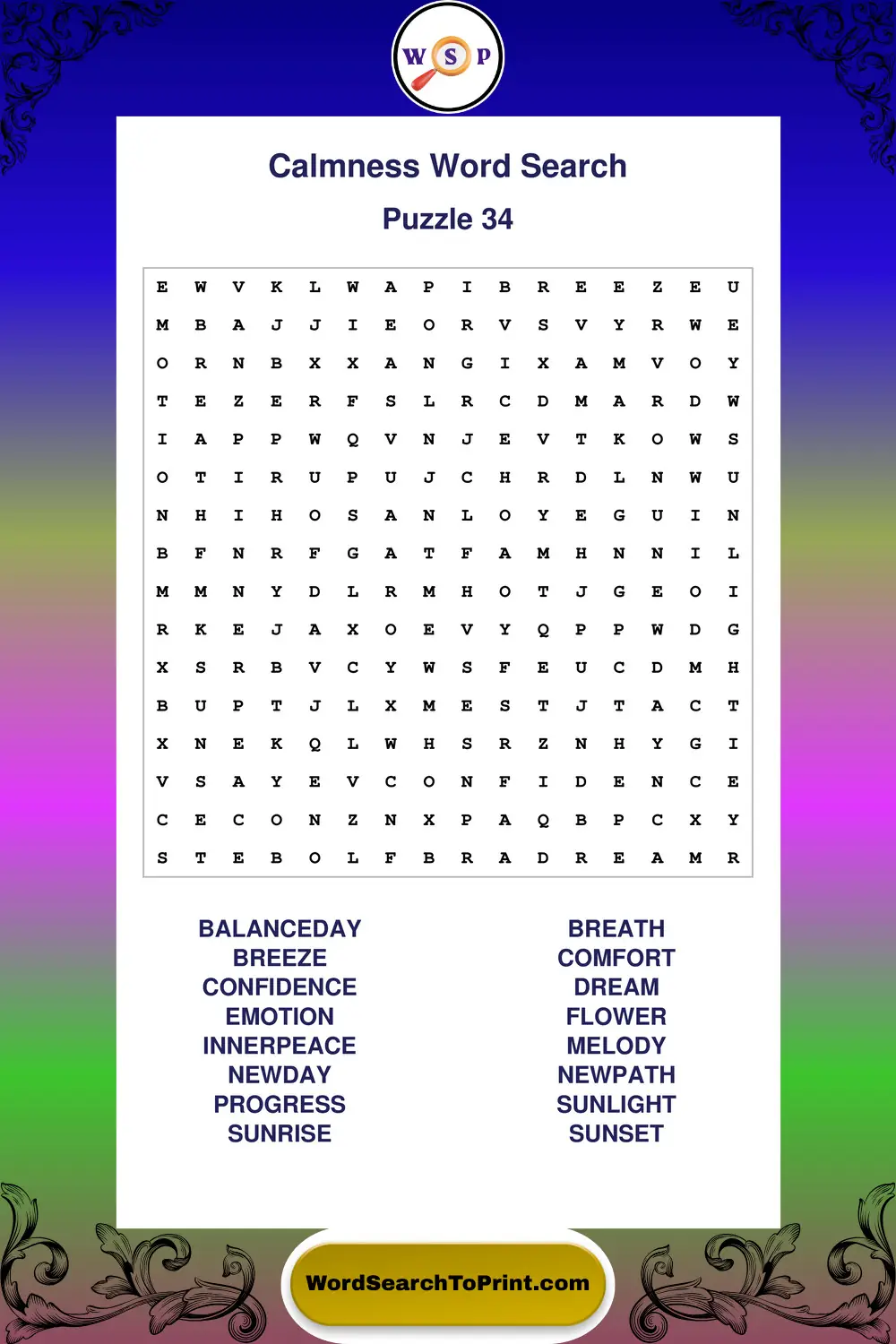 Calmness Word Search Puzzle 34