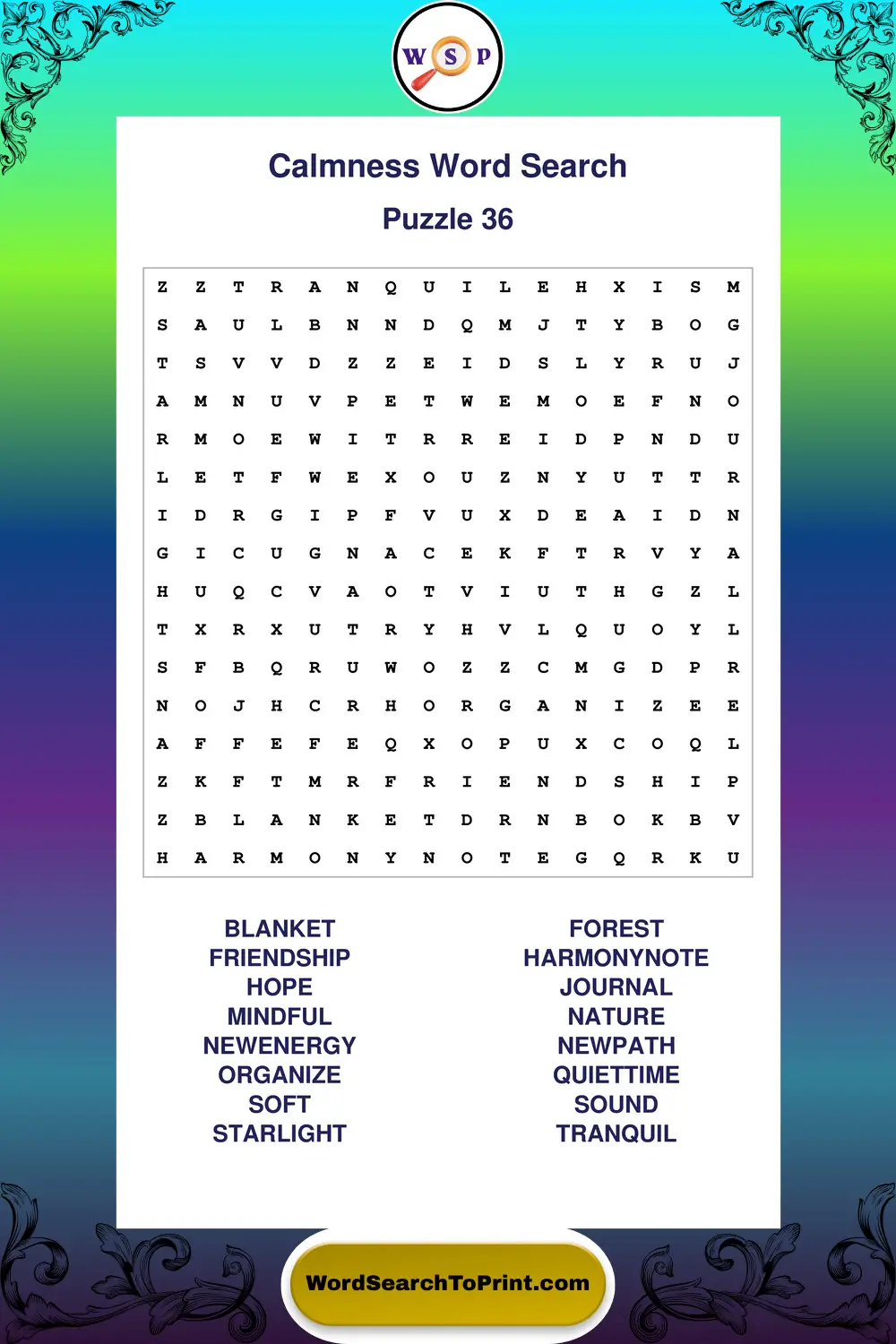 Calmness Word Search Puzzle 36