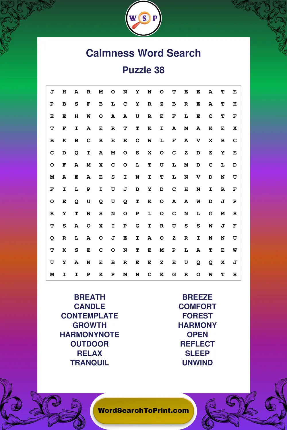 Calmness Word Search Puzzle 38