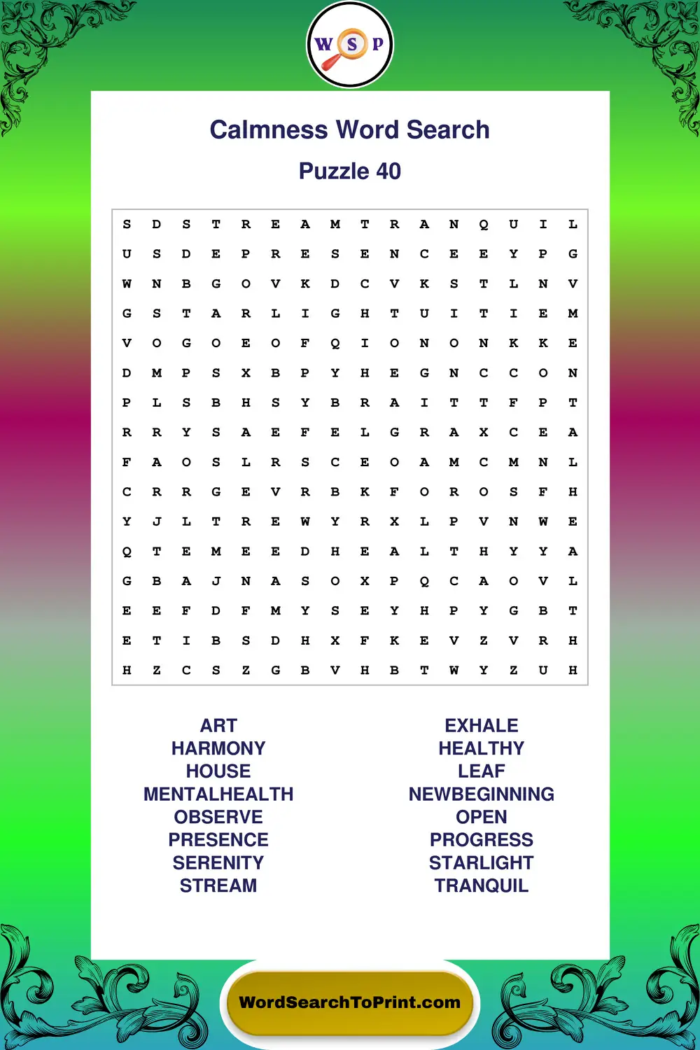 Calmness Word Search Puzzle 40