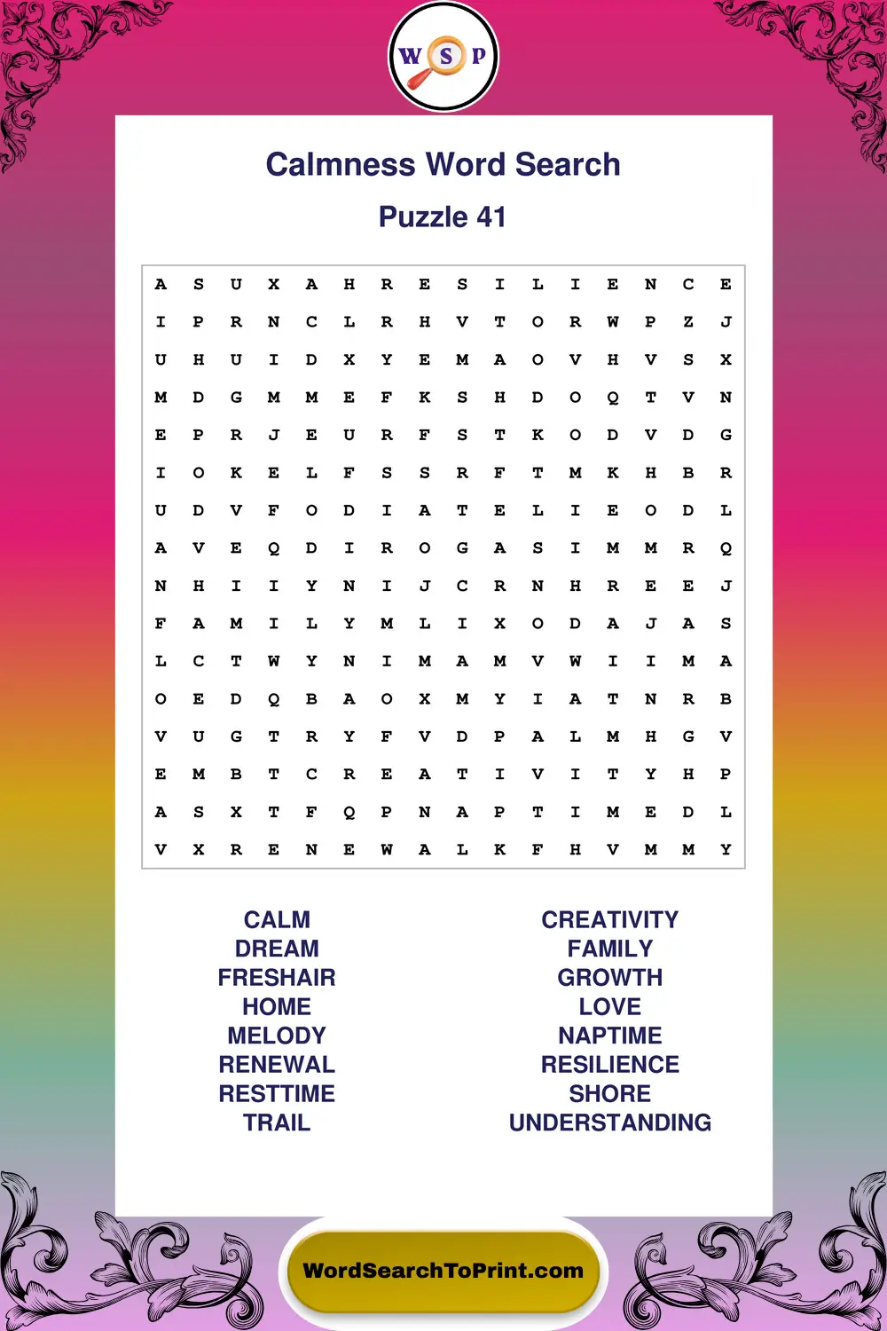Calmness Word Search Puzzle 41