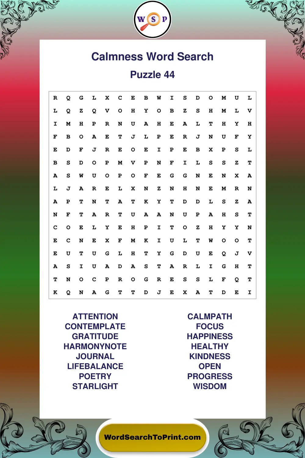 Calmness Word Search Puzzle 44