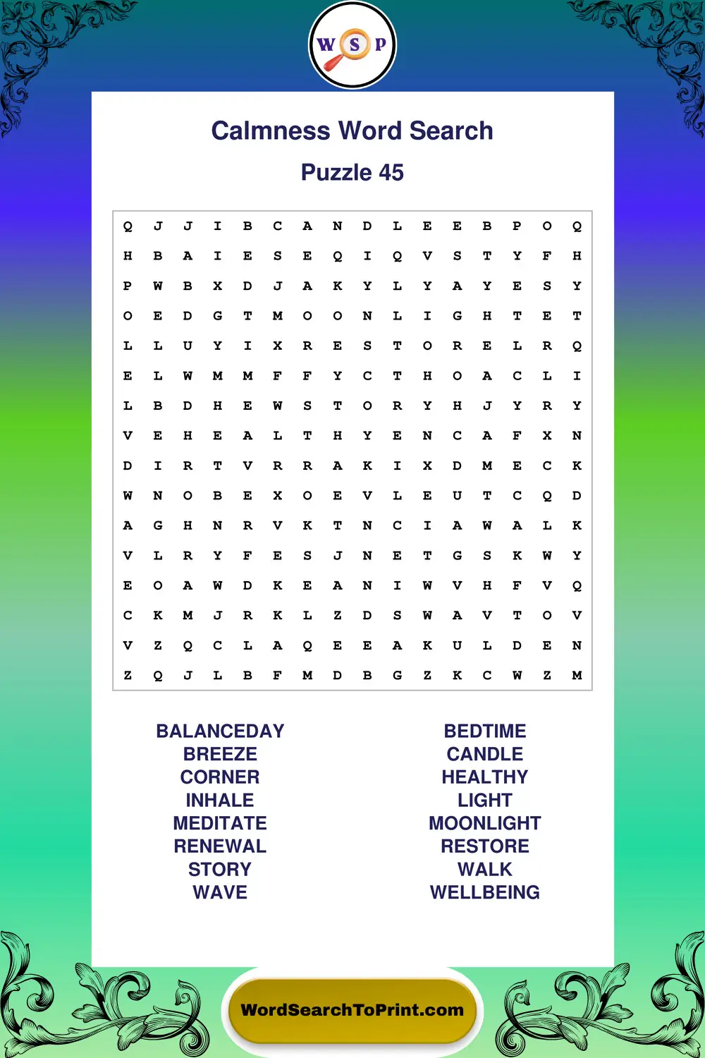 Calmness Word Search Puzzle 45