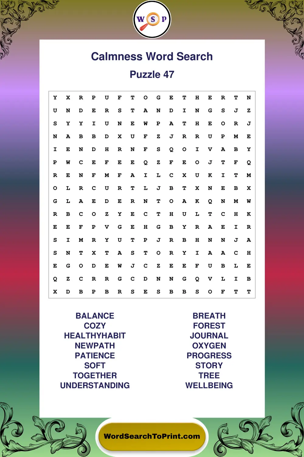 Calmness Word Search Puzzle 47