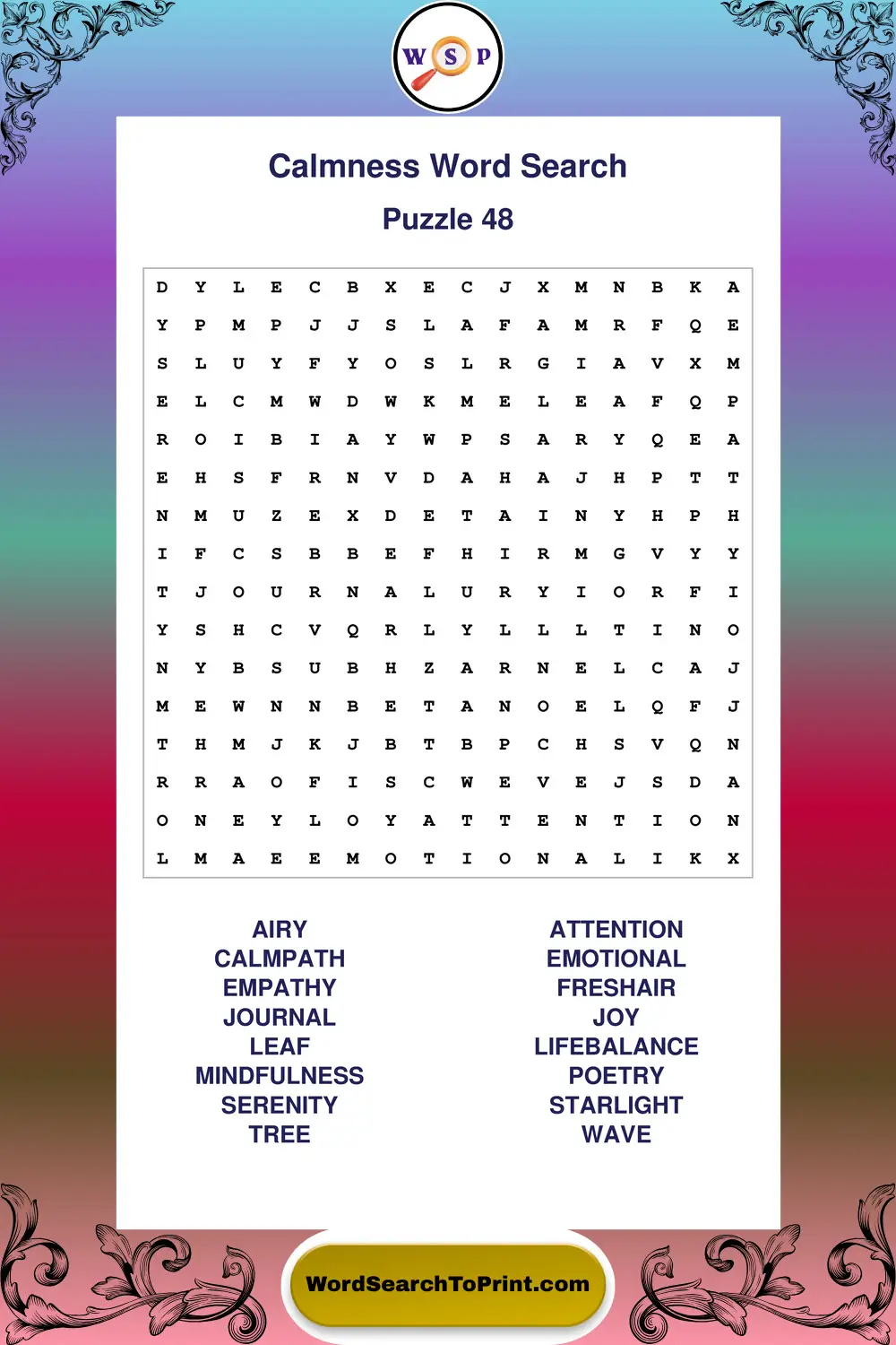 Calmness Word Search Puzzle 48