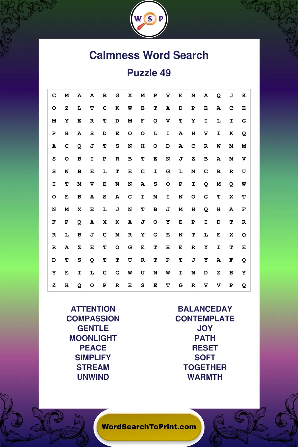 Calmness Word Search Puzzle 49