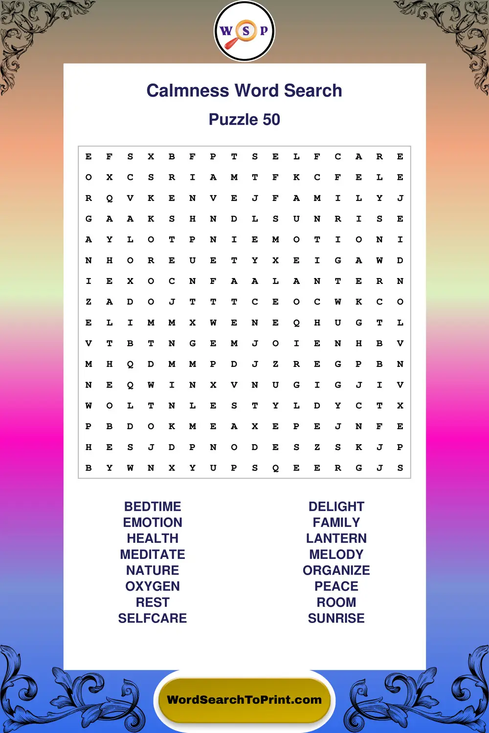 Calmness Word Search Puzzle 50