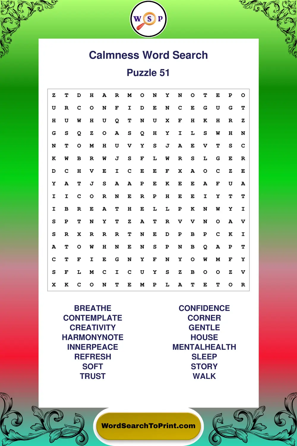 Calmness Word Search Puzzle 51