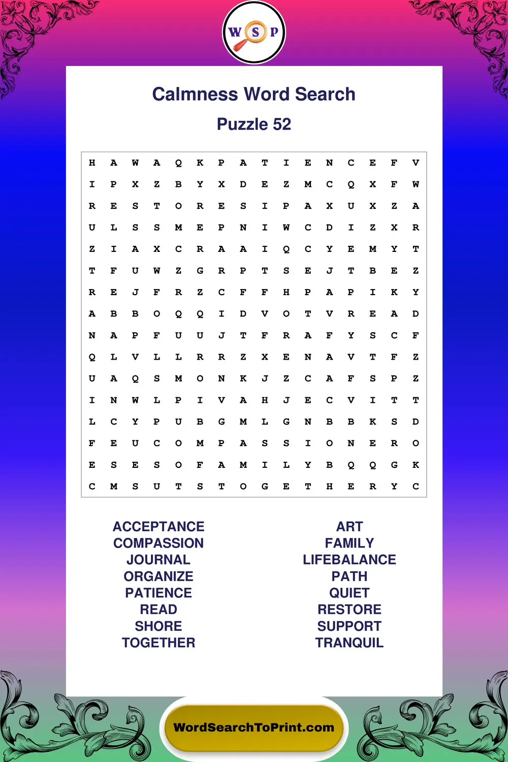 Calmness Word Search Puzzle 52