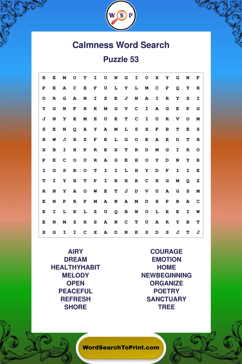 Calmness Word Search Puzzle 53