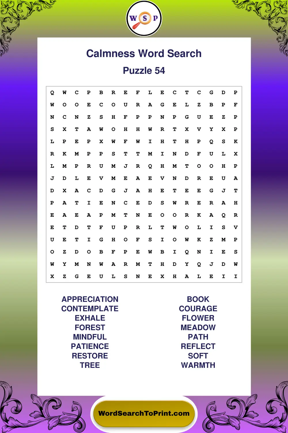 Calmness Word Search Puzzle 54