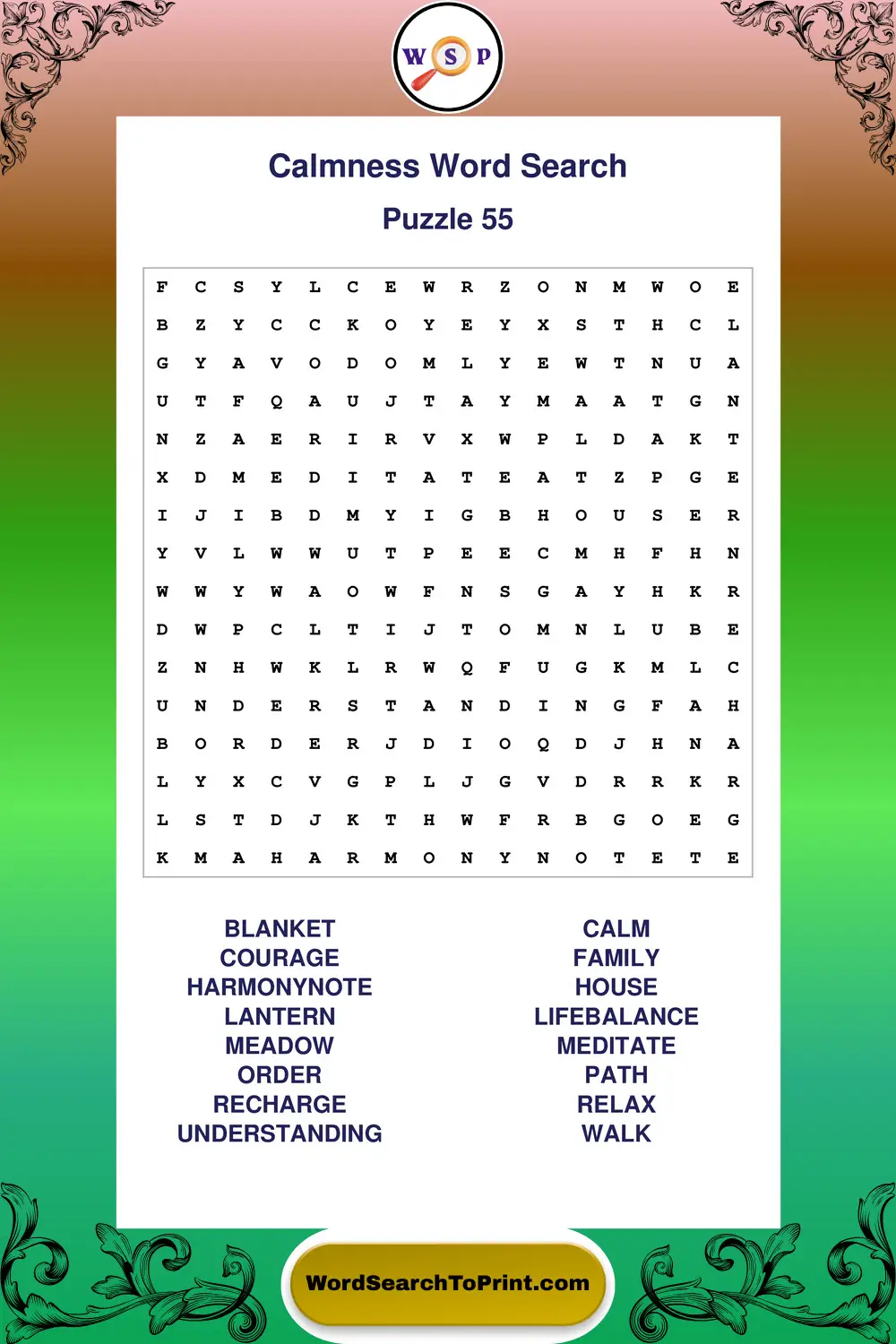 Calmness Word Search Puzzle 55