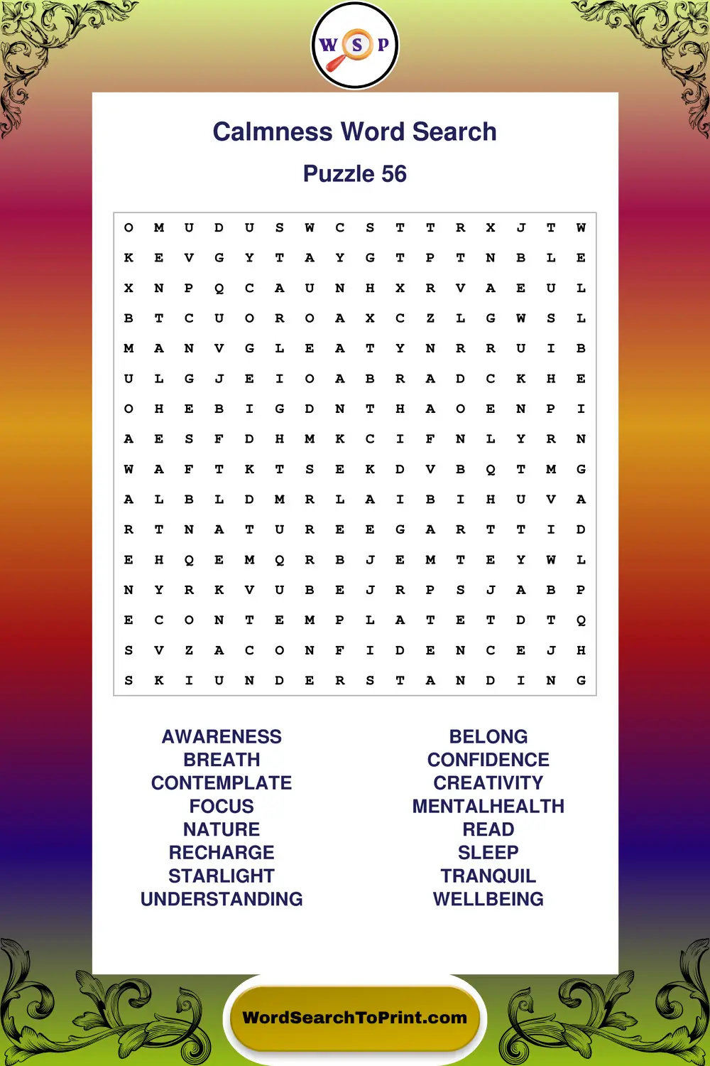 Calmness Word Search Puzzle 56