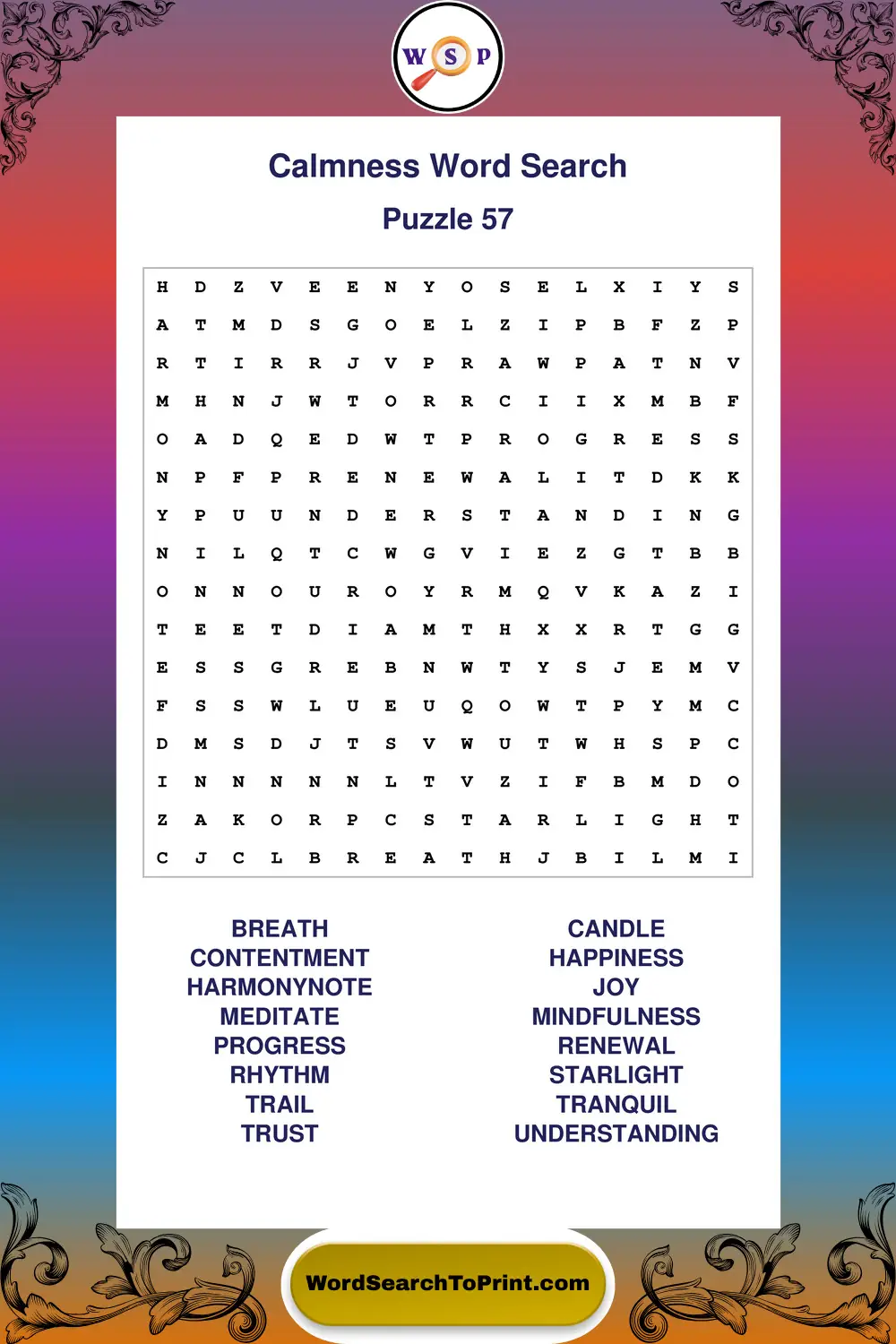 Calmness Word Search Puzzle 57