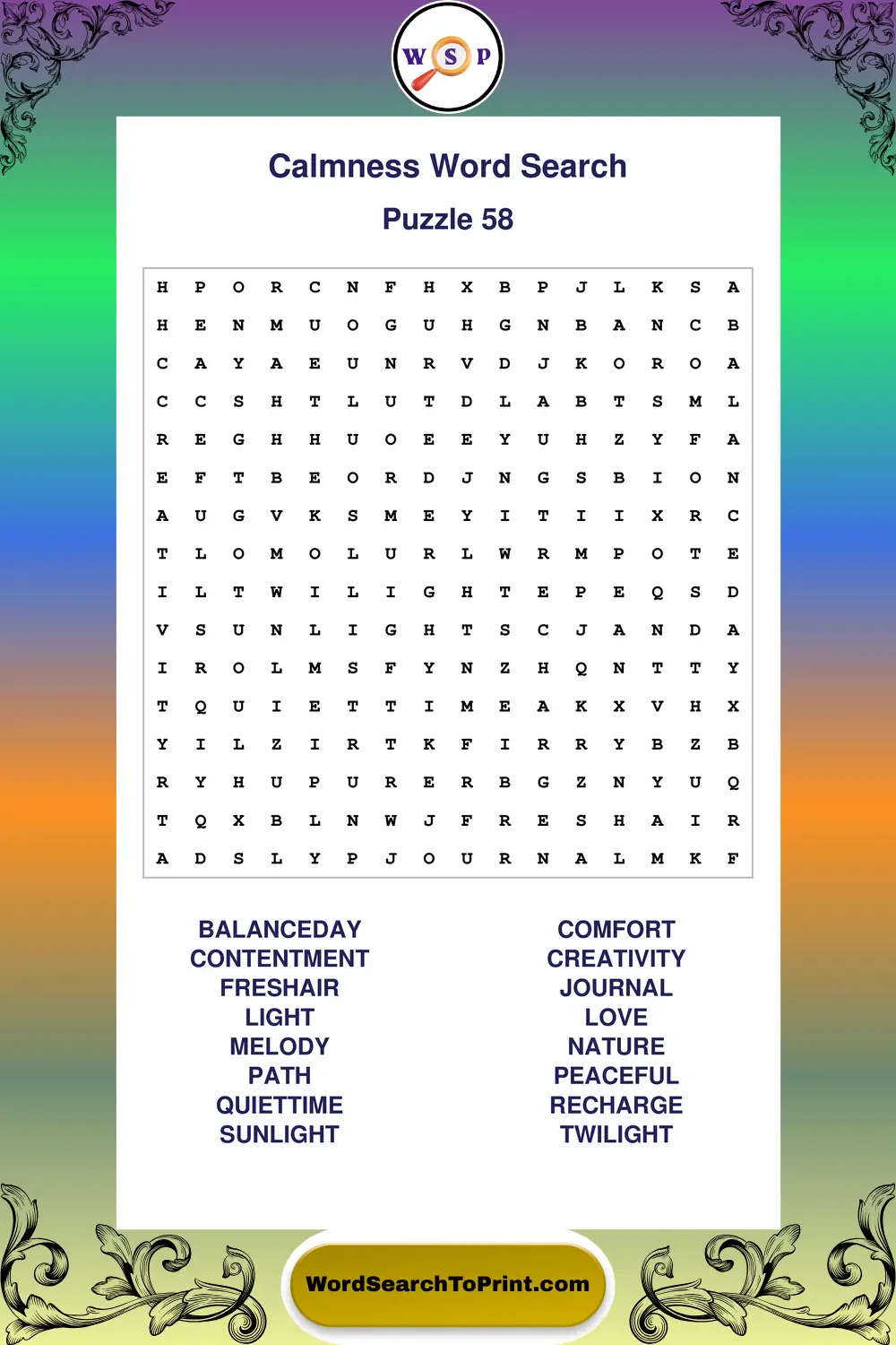 Calmness Word Search Puzzle 58