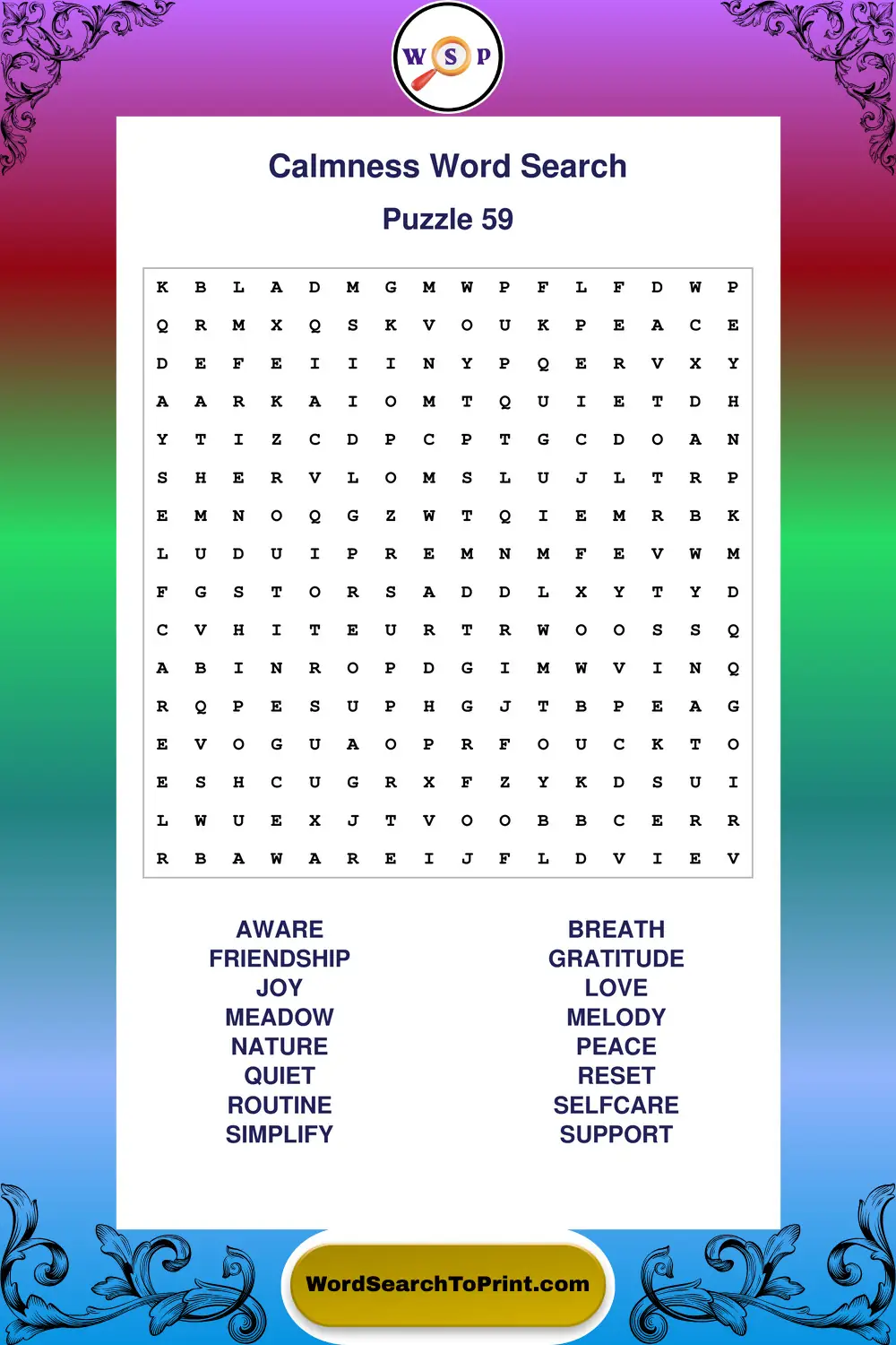 Calmness Word Search Puzzle 59